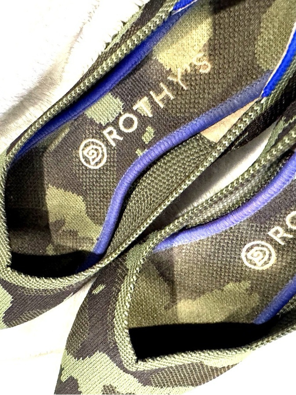 Rothy's Olive Green Camo Flats with Blue Trim